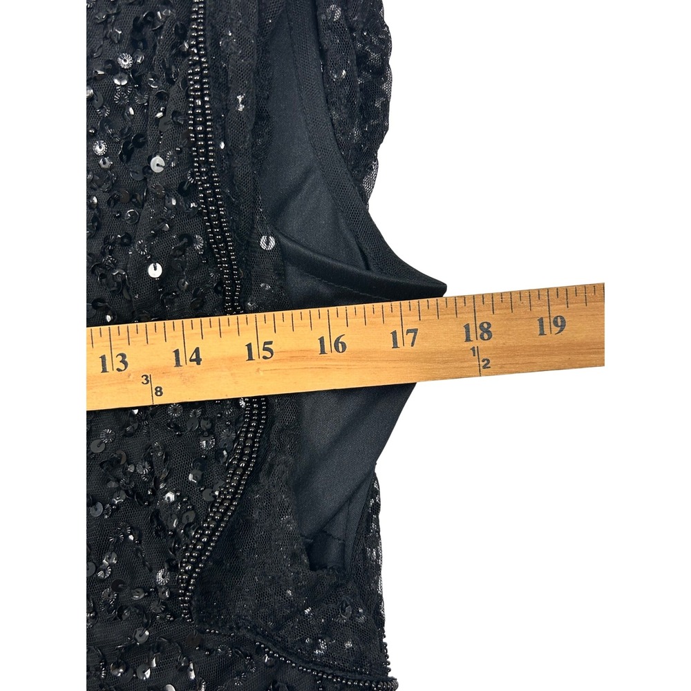 Adrianna Papell Sequin Sheath Dress Womens 14 Black Flutter Sleeve Ruffle Formal - Picture 6 of 10